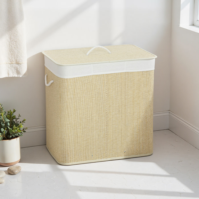 Panier à linge double 144L - corbeille à linge avec couvercle et poignées - tissage bambou écru
