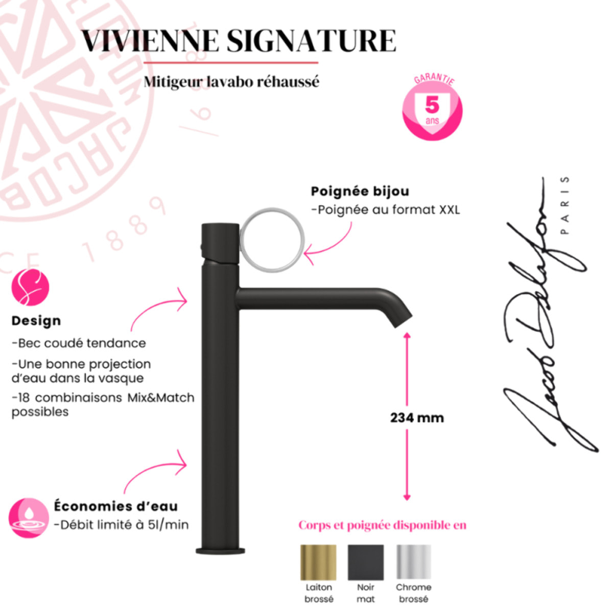Mitigeur lavabo haut Vivienne noir mat avec bague laiton brossée
