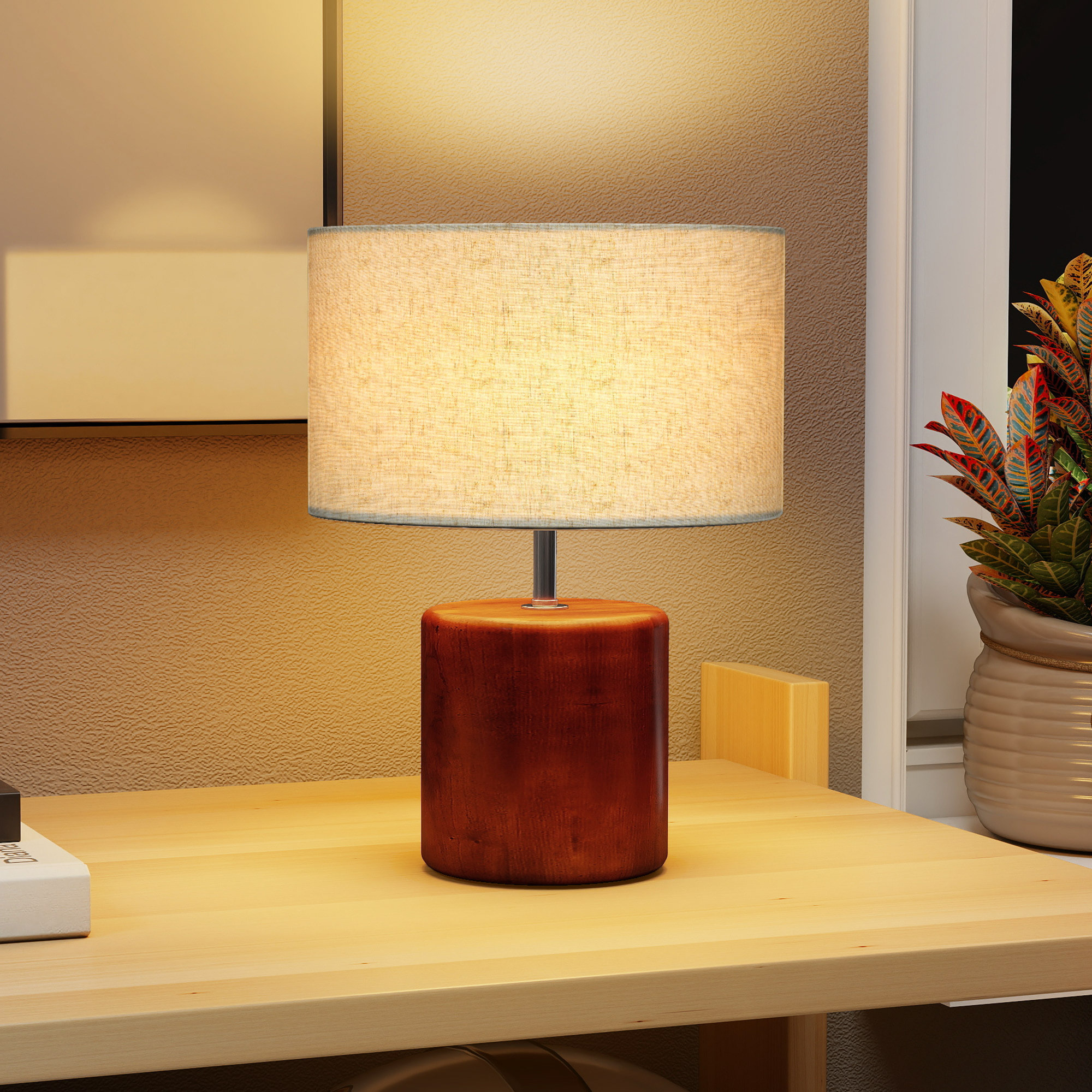 Lámpara de Mesa Rústica, Lámpara de Mesita de Noche con Base de Madera, Pantalla de Lino, Interruptor Basculante, para Dormitorio, Salón, E27, 40W, Marrón Oscuro