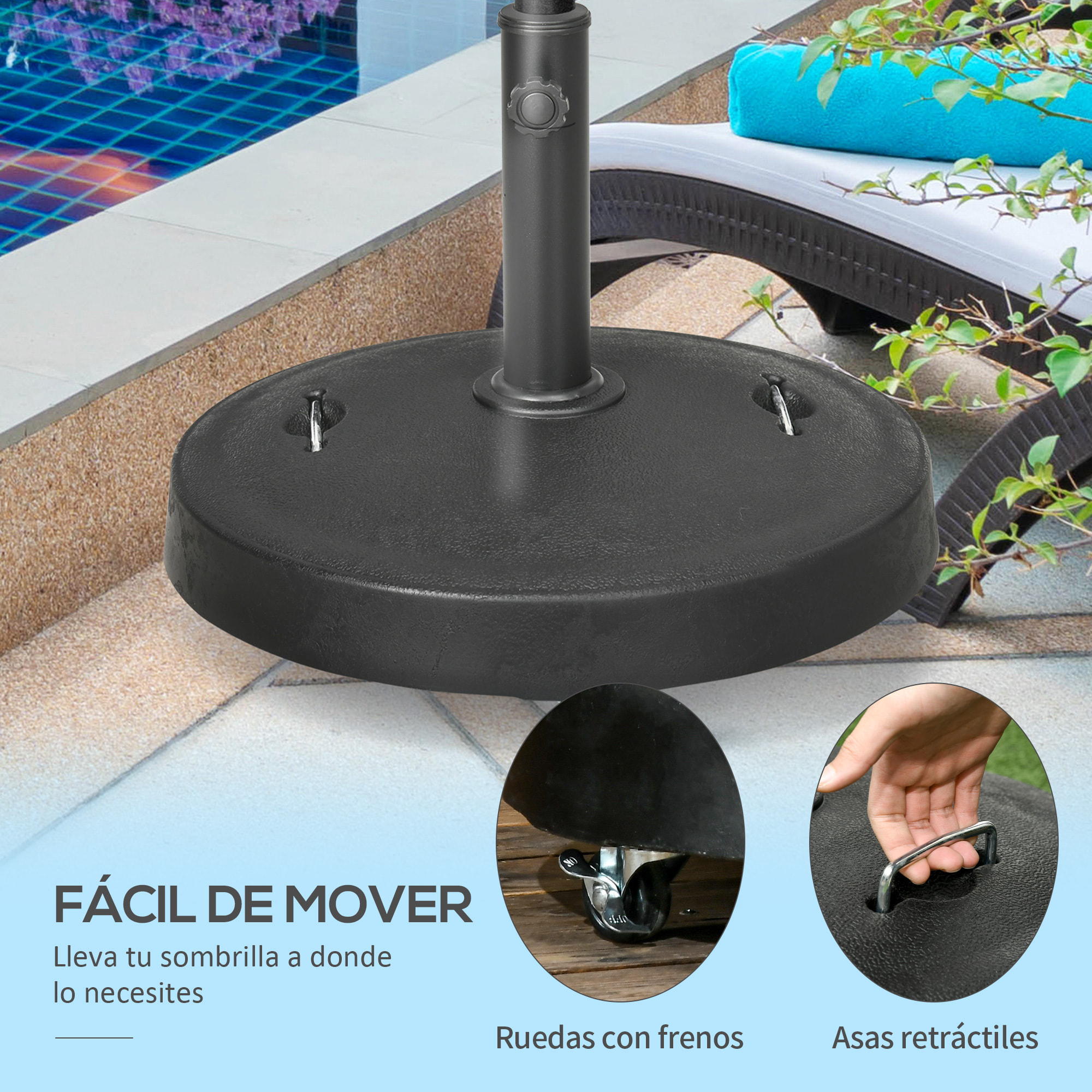 Base de Sombrilla de Jardín de Resina de 23,5 kg con Ruedas y Asa Retráctil Soporte de Parasol Cuadrado para Postes de Ø32/48 mm para Terraza Patio Ø53x41 cm Negro