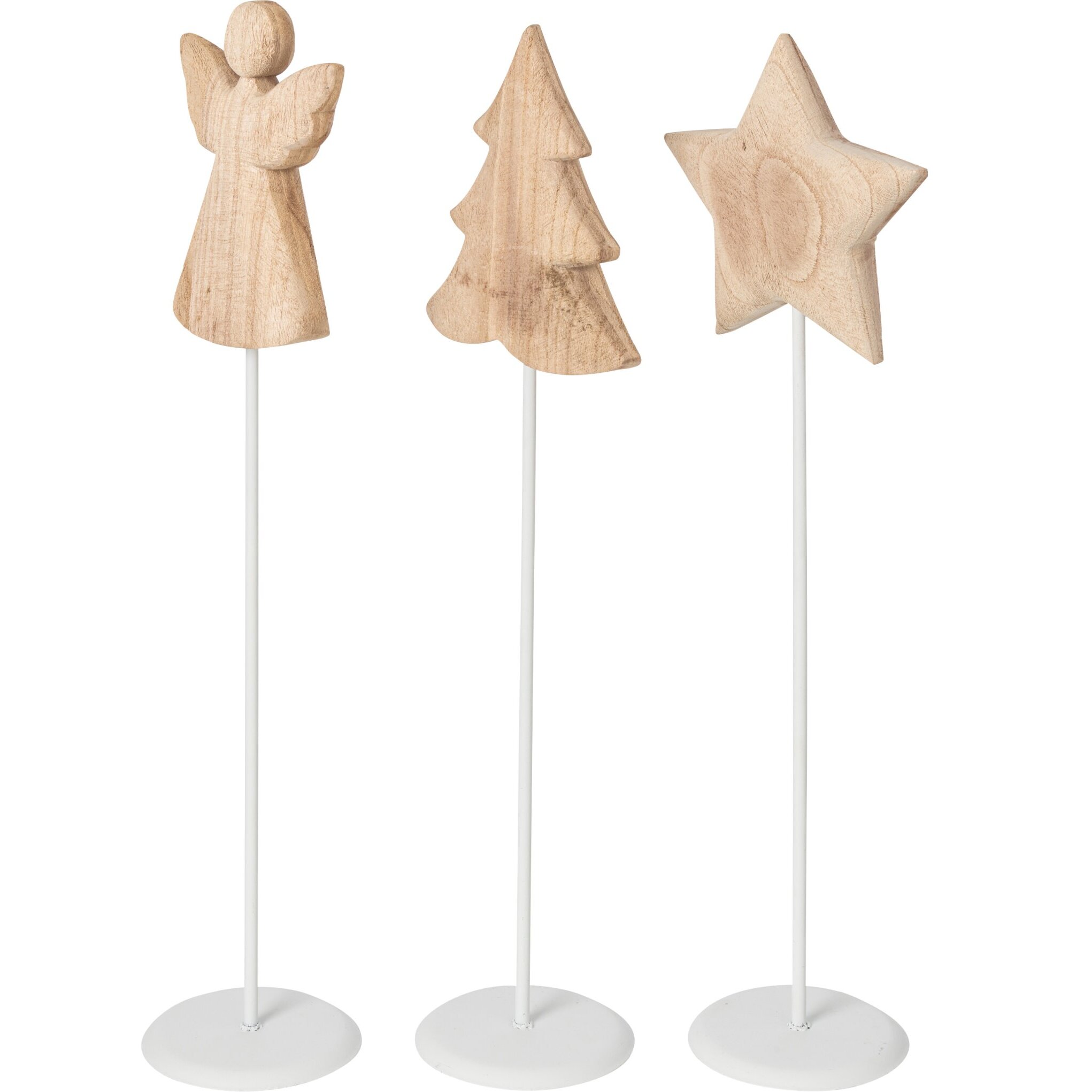 J-Line anges, arbres et étoiles - bois de paulownia - blanc/naturel - large - assortiment de 3