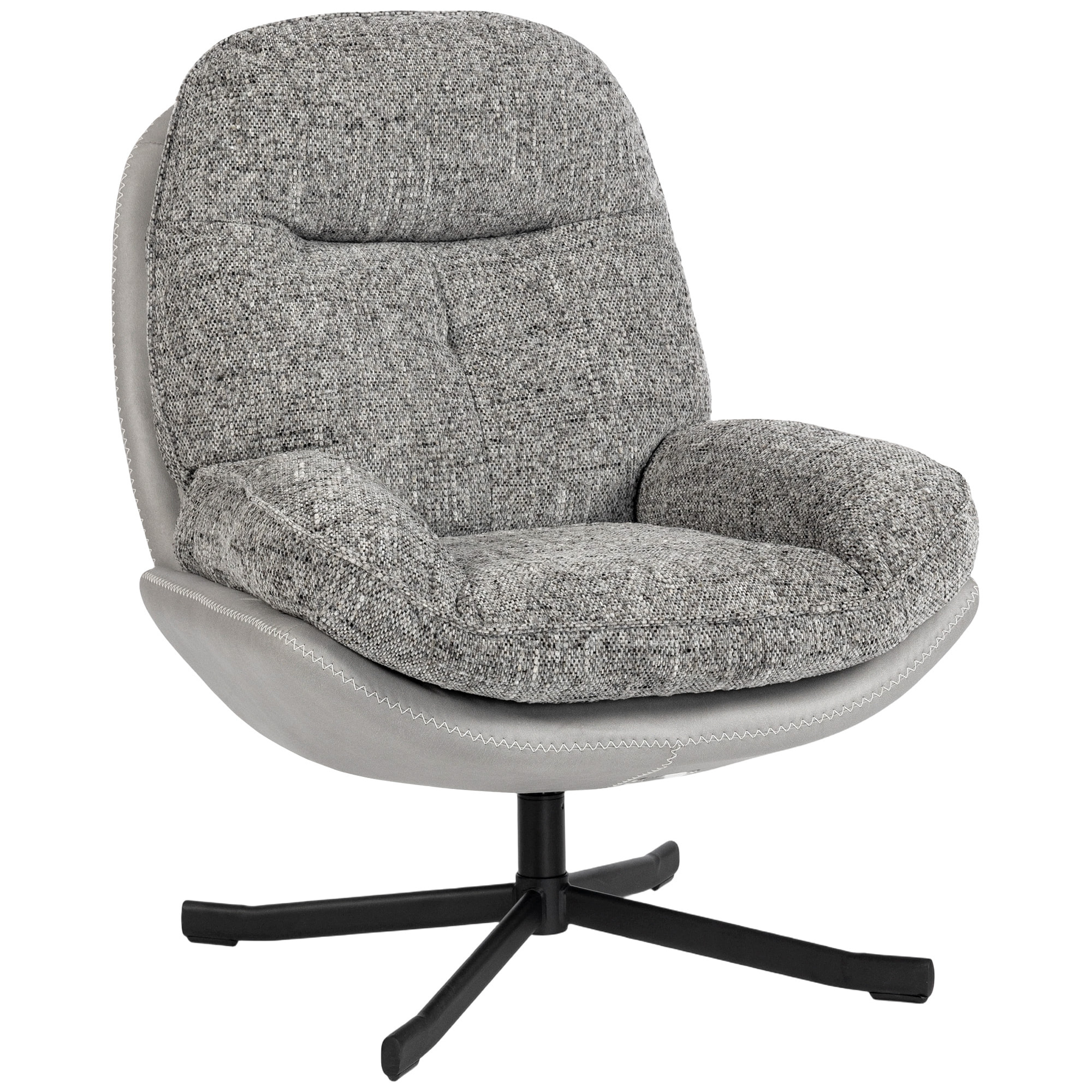 Sillón Giratorio Moderno, Butaca de Salón con Base Cruz, Tapizado en Chenilla y Cuero PU, Asiento Ancho Doble, Patas de Acero y Reposabrazos, Sillón Relax para Sala de Estar, Dormitorio, Gris