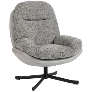Sillón Giratorio Moderno, Butaca de Salón con Base Cruz, Tapizado en Chenilla y Cuero PU, Asiento Ancho Doble, Patas de Acero y Reposabrazos, Sillón Relax para Sala de Estar, Dormitorio, Gris