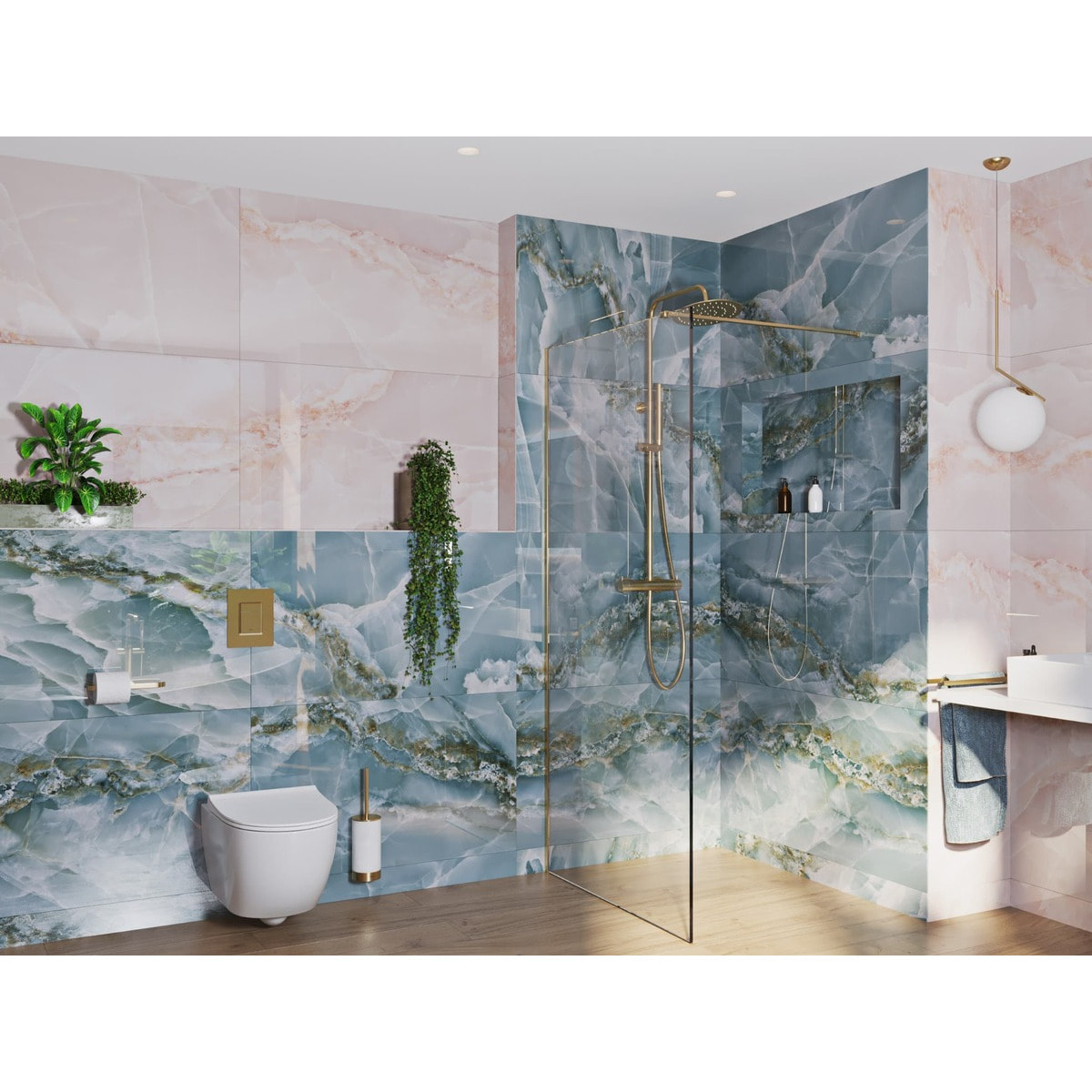 Walk-in 120x200cm Paroi en verre Crystal Glass® 8 mm anticalcaire, avec bras et profilés or (SATBWI120PRZ)