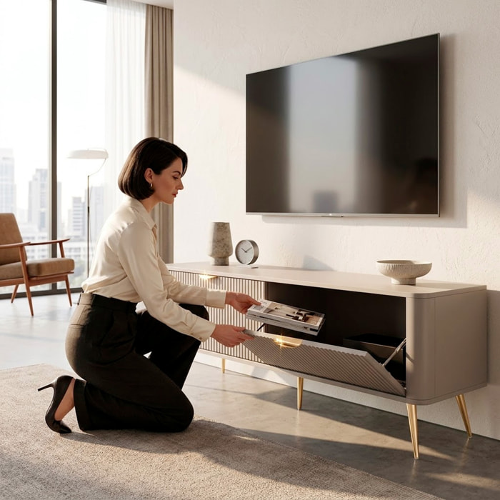 Mobile Porta TV Moderno Con Ante Cannettate Mobiletto Con 2 Ante A Ribalta E Vani Contenitore Design Moderno Soggiorno Salotto Living Home Rostock 163.2 x 38 x 51.2 Cm Cashmere