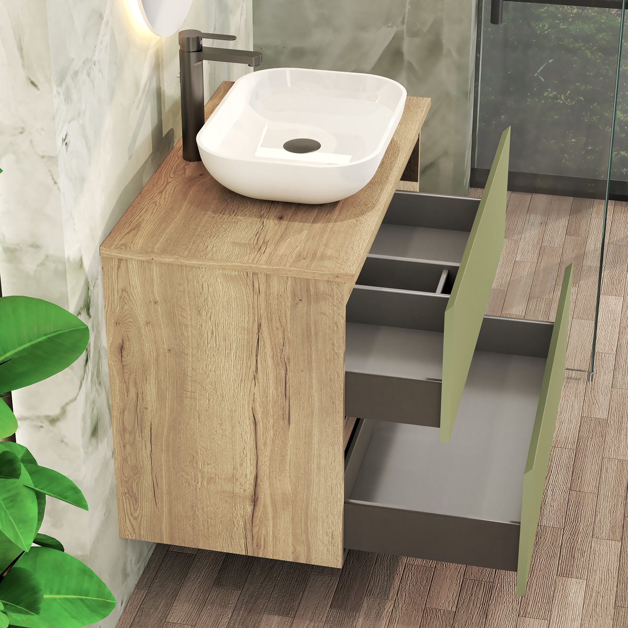 Ensemble de Salle de Bain Nia | Meuble Suspendu | 80 cm Vert | Deux Tiroirs |Lavabo sur Plan | Miroir non inclus | Meuble Monté | Alday