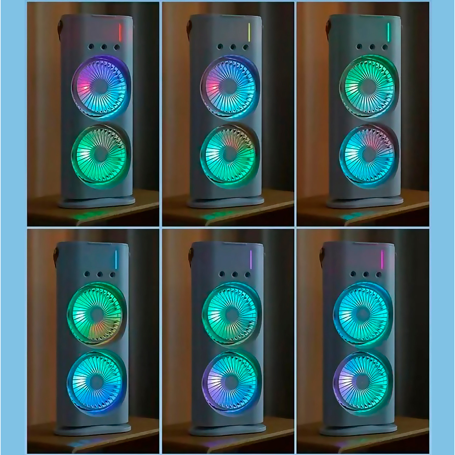 Ventilador torre RGB de doble cabezal con niebla de enfriamiento, 3 velocidades, oscilación de 90° y control remoto.