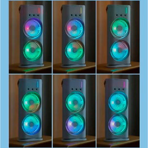 Ventilador torre RGB de doble cabezal con niebla de enfriamiento, 3 velocidades, oscilación de 90° y control remoto.