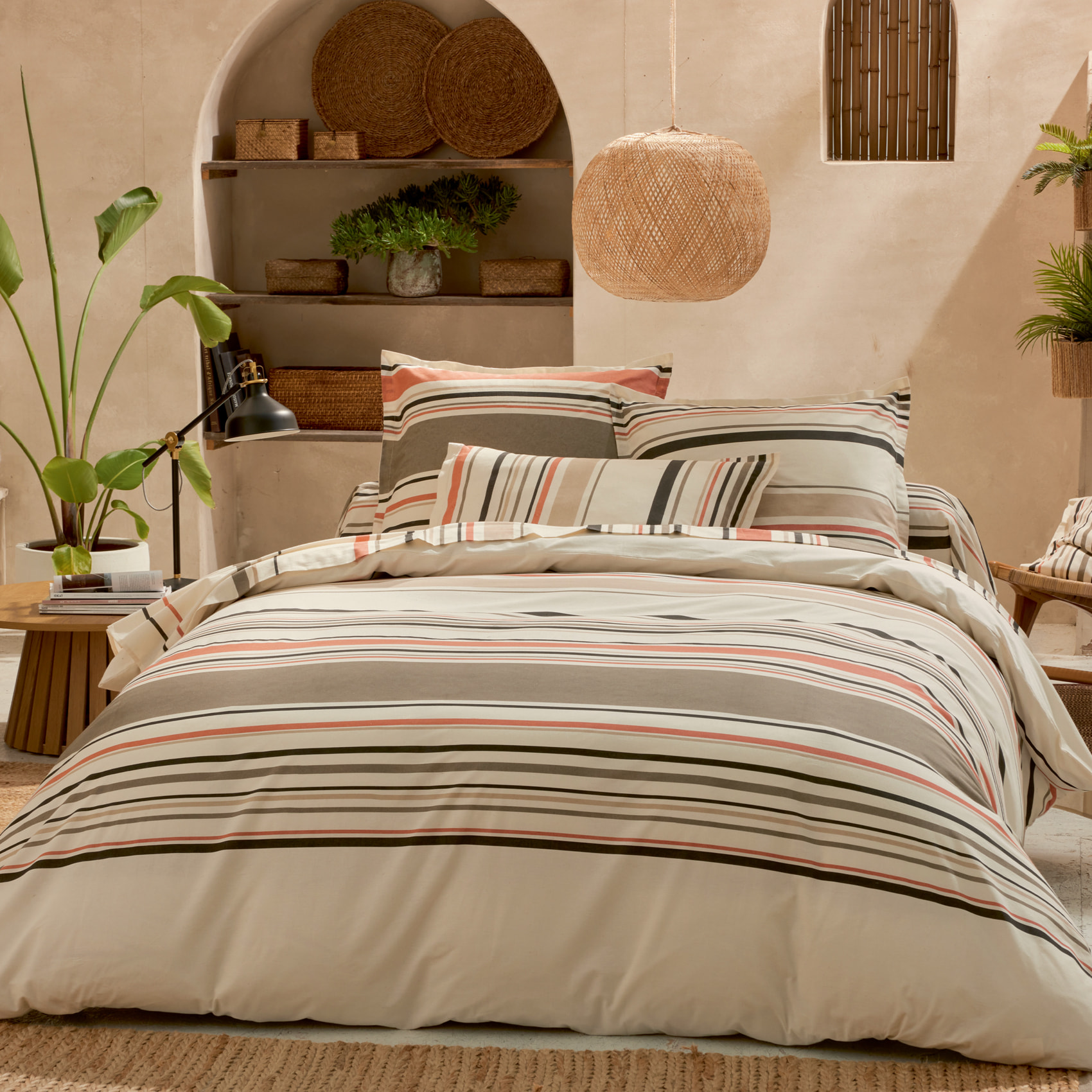 Housse de couette coton rayures bayadère - Orange corail