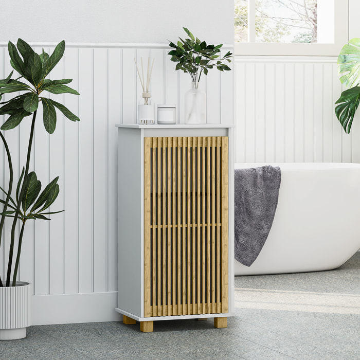 Meuble bas salle de bain - panier à linge amovible - tissu gris bambou blanc