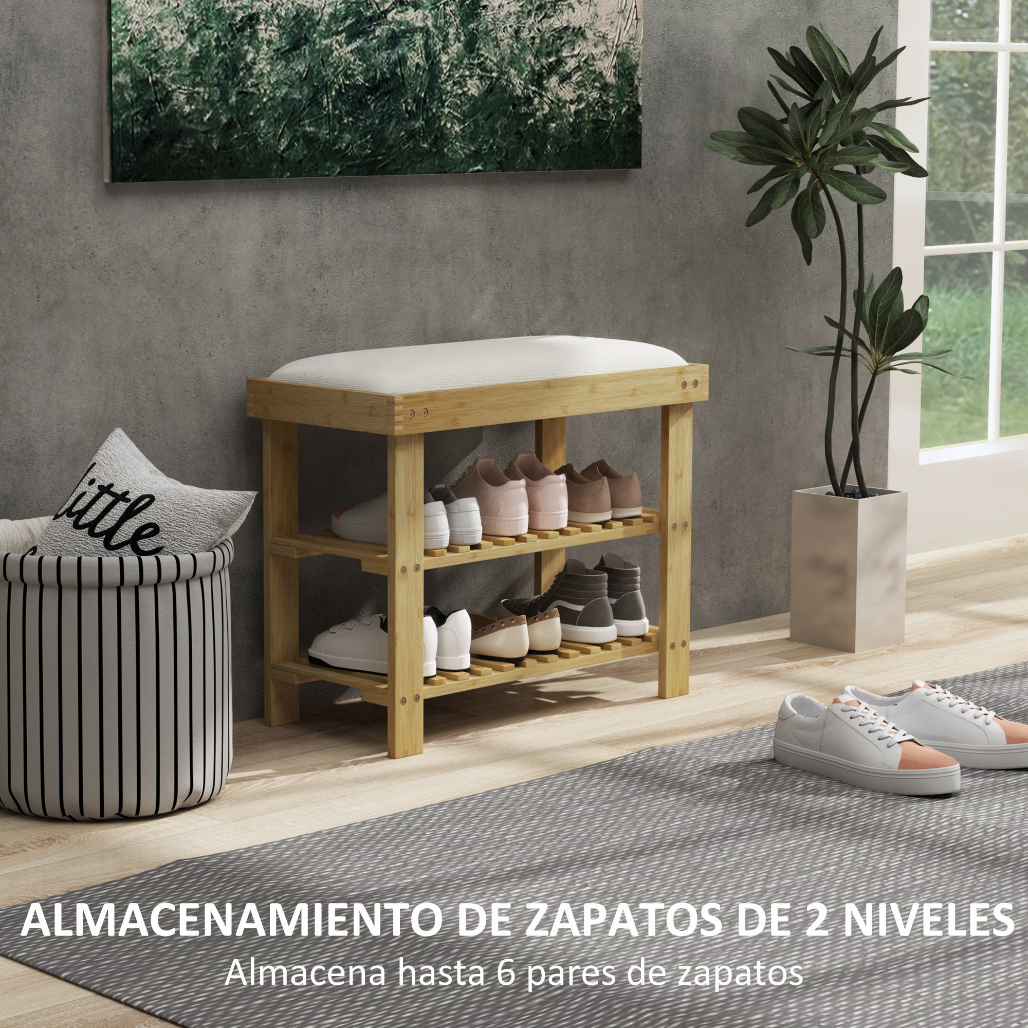 Banco Zapatero de Bambú Zapatero con Asiento Acolchado 2 Estantes para 6 Pares de Zapatos para Entrada Dormitorio 60x29x49 cm Natural y Crema