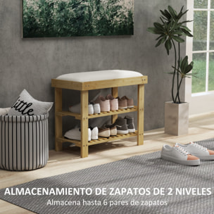 Banco Zapatero de Bambú Zapatero con Asiento Acolchado 2 Estantes para 6 Pares de Zapatos para Entrada Dormitorio 60x29x49 cm Natural y Crema