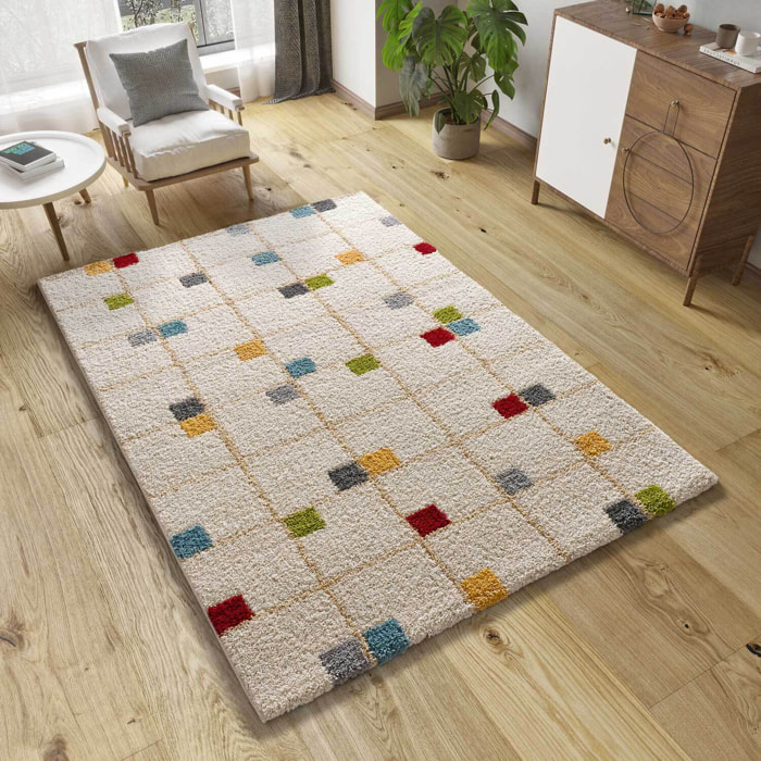 BREMEN Alfombra shaggy geométrica en blanco y motivos multicolor, varias medidas disponibles