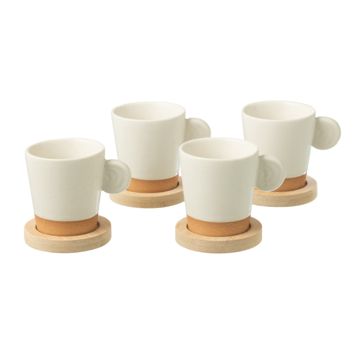 J-Line Boite 4 Tasses A Cafe + Base Bambou Ceramique Blanc/Naturel