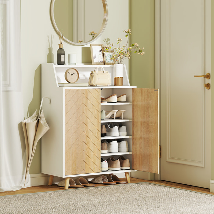 Zapatero de 2 Puertas en Espiga, Zapatero Entrada Recibidor con Estantes Ajustables, Compartimento Abierto y Patas de Madera, para 15 Pares de Zapatos, 75x35x104 cm, Blanco y Natural