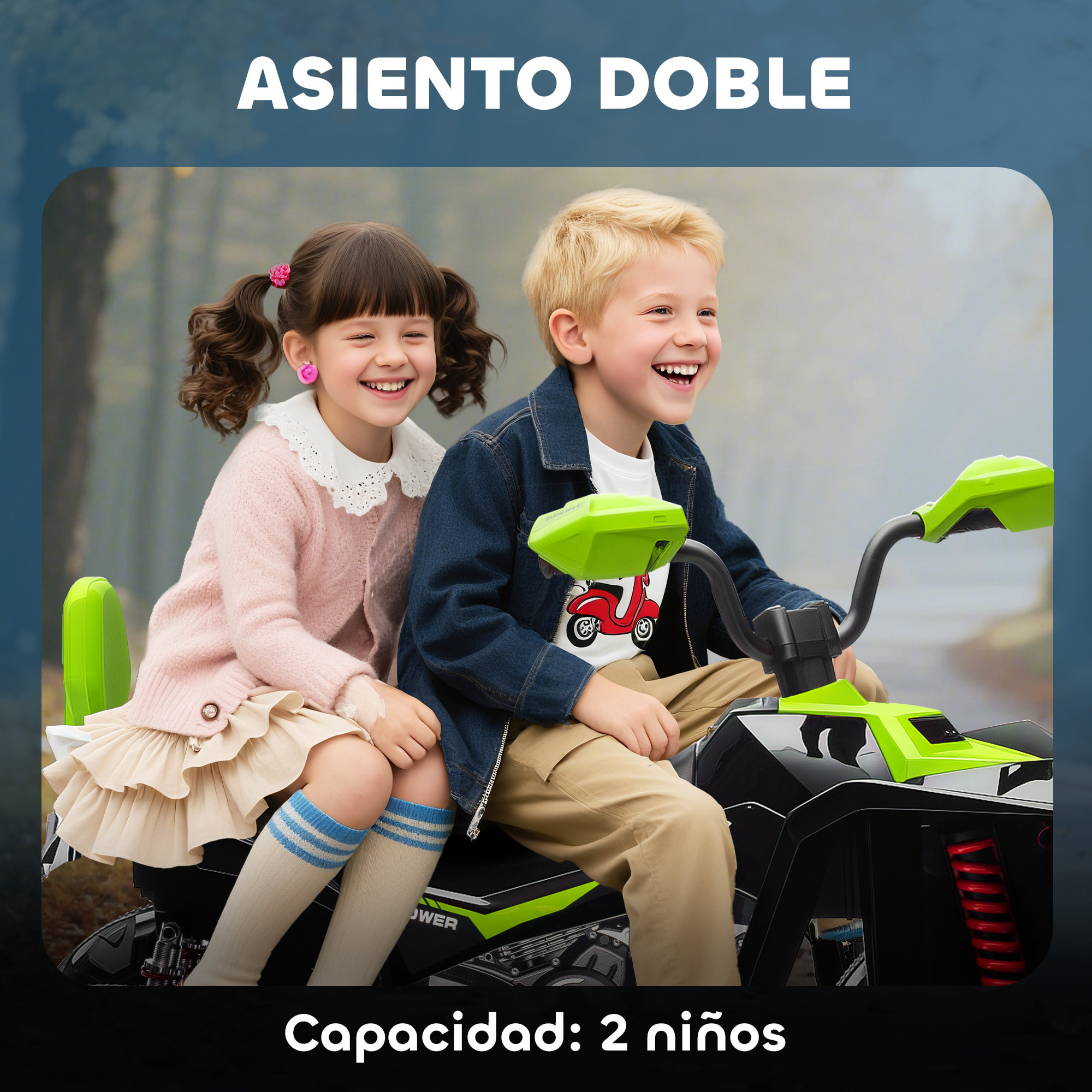 Quad Eléctrico para Niños 24V, Quad para Niños de 3-8 Años de 2 Plazas, con 2 Motores, Velocidad hasta 6,5â€¯km/h, Ruedas con Suspensión, Faros, Bocina, Música, USB, Verde