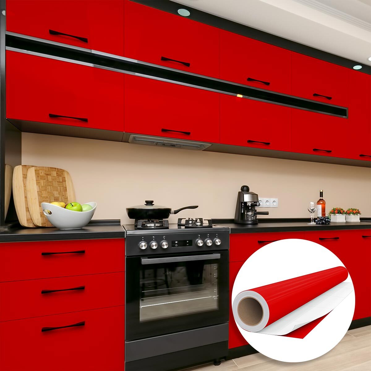 Rouleau adhésif décoratif Vinyle au Mètre - Rouge tomate - Sticker Lavable Imperméable Mur Cuisine Meubles