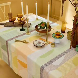 Nappe pur coton 205 g/m² motif jacquard vert orange Mille galets terre cuite