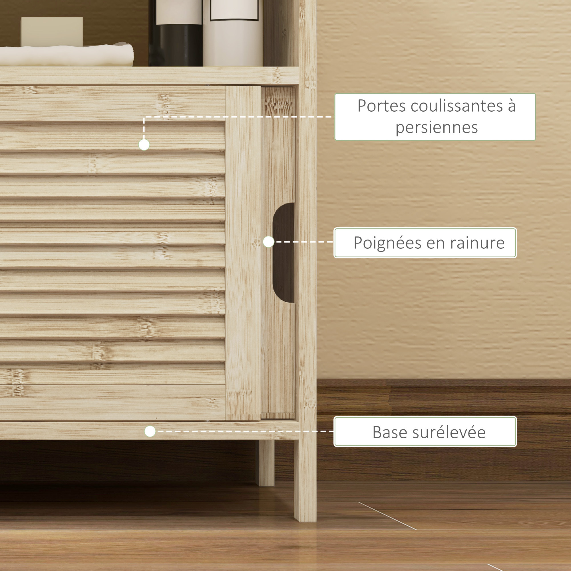 Meuble sous vasque style cosy naturel - 2 portes coulissantes - dim. 60L x 30l x 60H cm - bambou verni