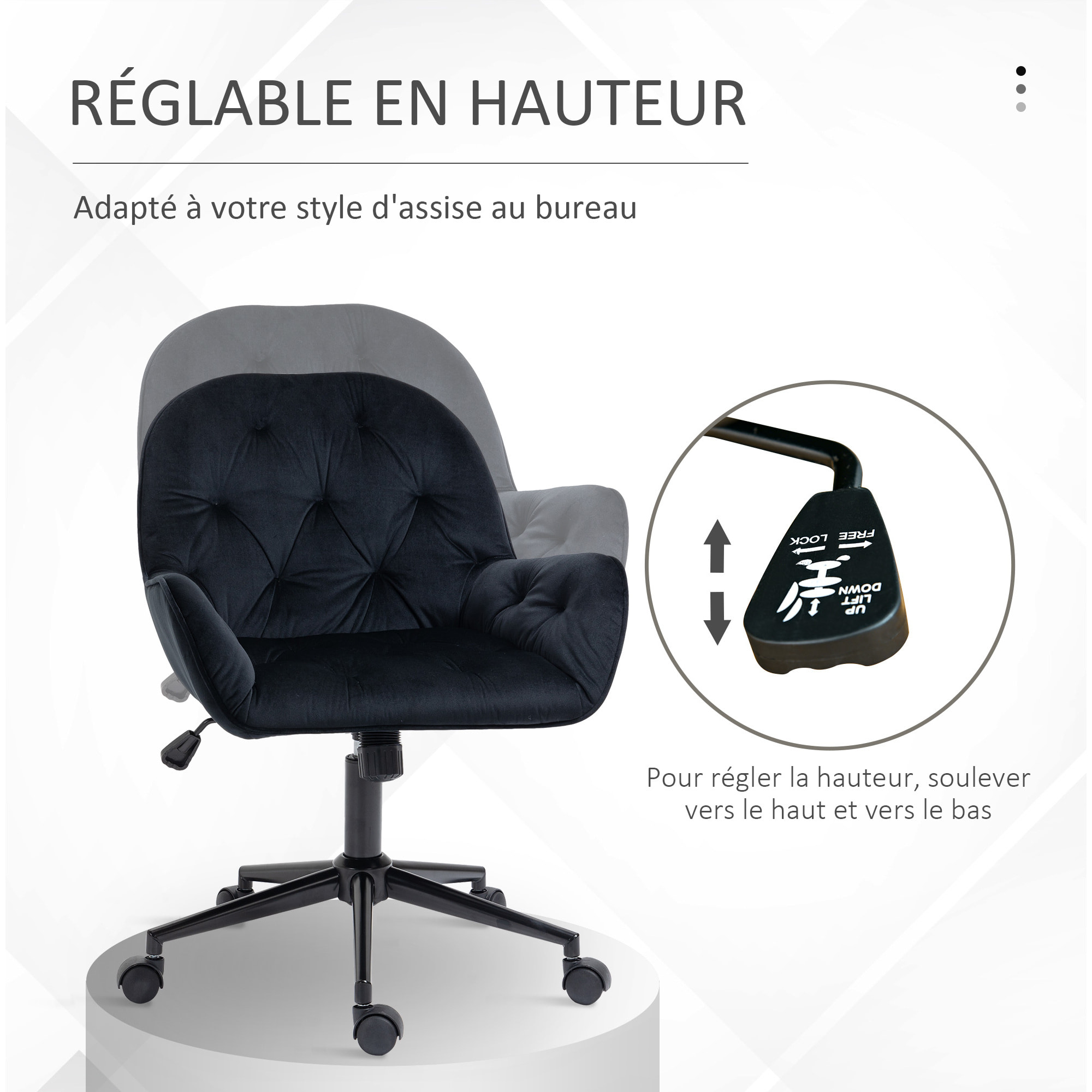 Chaise de bureau velours design Chesterfield effet capitonné piètement métal noir