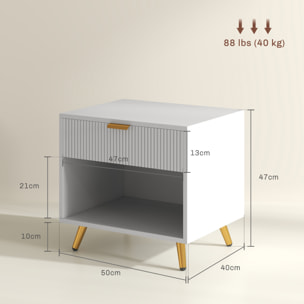 Mesita de Noche Moderna Mesilla de Noche con Cajón Mango Dorado y Compartimento Abierto Mesa Auxiliar para Dormitorio Salón 50x40x47 cm Blanco