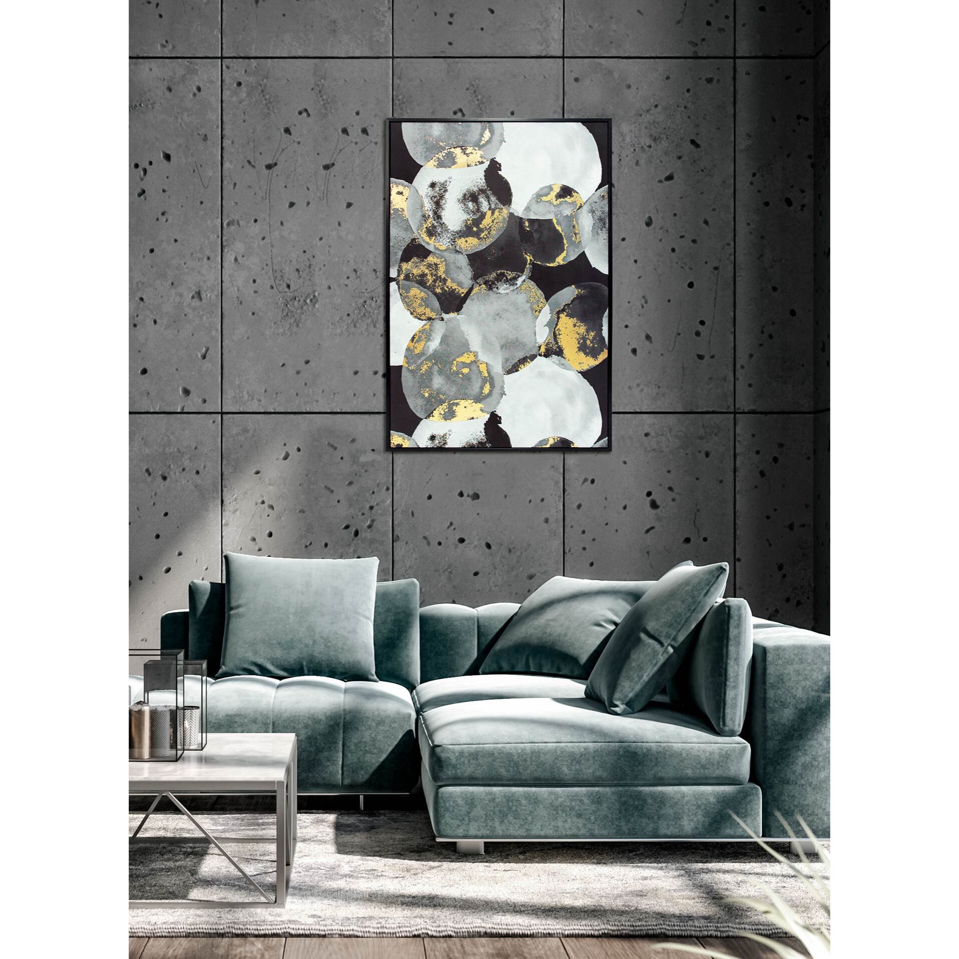 Cuadro Bérgamo poliéster círculos negro-blanco-dorado 92x62x4 cm