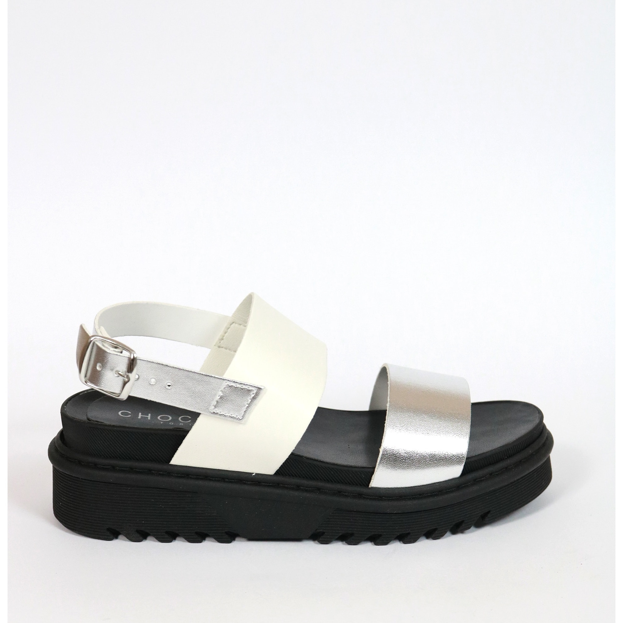 SANDALO FLATFORM DOPPIA FASCIA CHOCOLA' BIANCO E ARGENTO