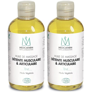 MEDICAFARM - Huile de massage détente musculaire & Articulaire - Contribue à soulager les douleurs articulaires & musculaires - Certifiée ECOCERT - Lot de 2 flacons de 250 ml