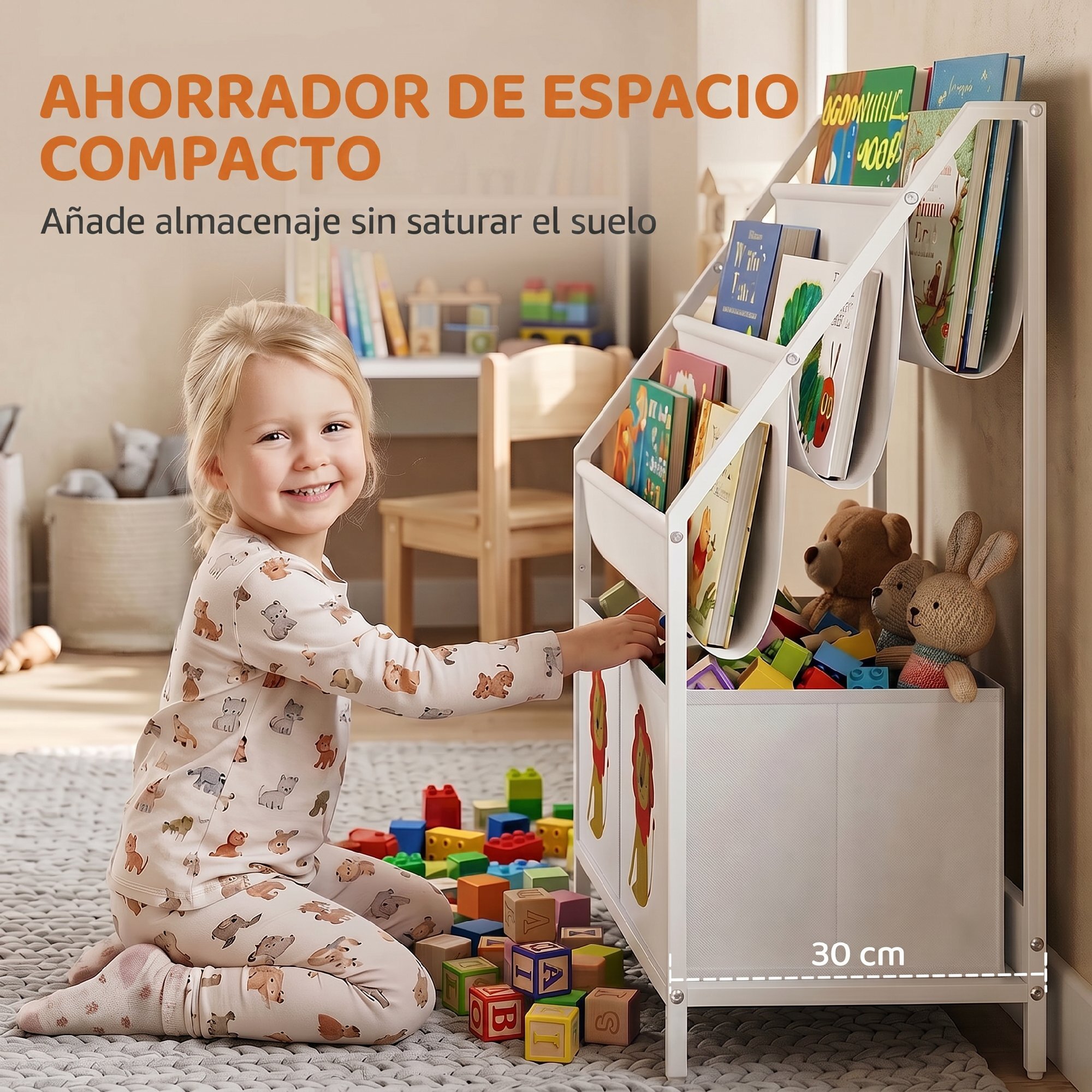 AIYAPLAY Librería Infantil de 4 Niveles Estantería para Libros Montessori con 3 Estantes 2 Cajones de Tela con Diseño de León para Sala de Juegos Dormitorio Guardería para Niños de Altura 76 cm Blanco