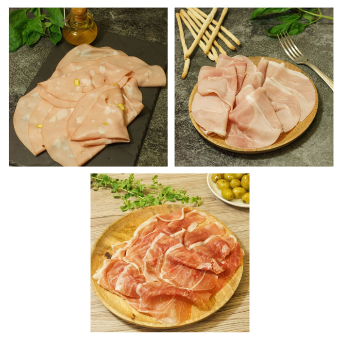 Trio des Saveurs Italiennes : Jambon Blanc 1x100g, Jambon de Parme 16 mois 1x80g et Mortadelle de Bologne 1x100g - Italie