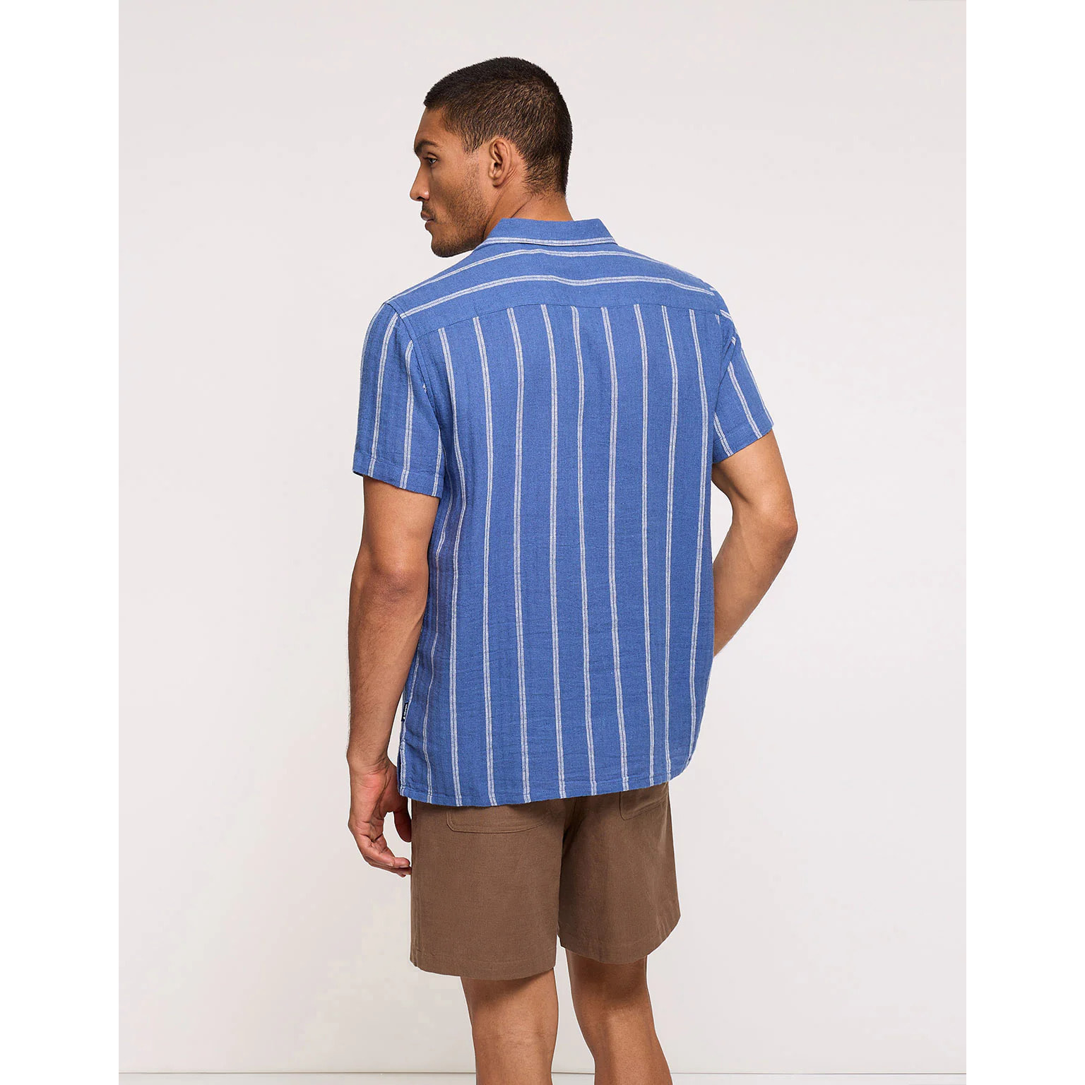 Camisa Manga Corta con Lino Azul Oscuro Rayas - Selvaire
