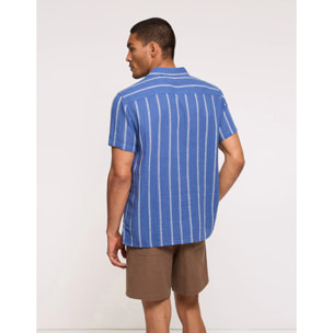 Camisa Manga Corta con Lino Azul Oscuro Rayas - Selvaire