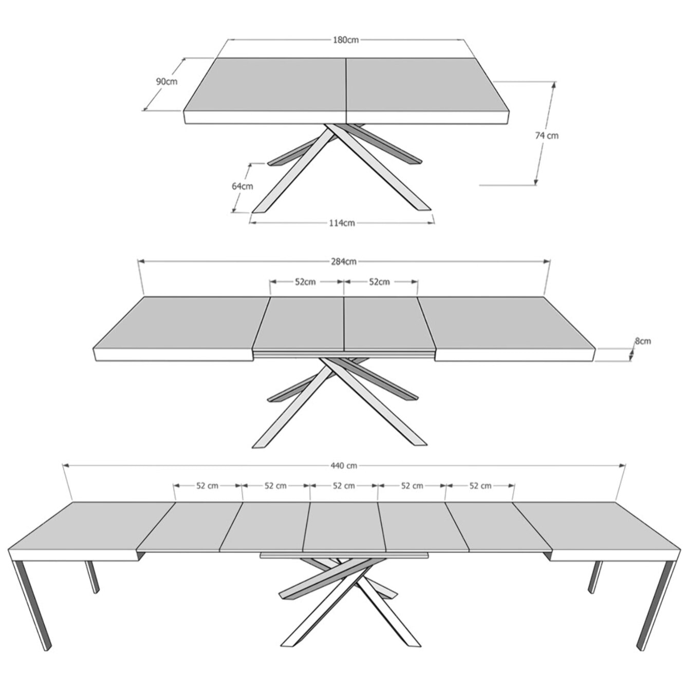 Table extensible 90x180/440 cm Karida frêne blanc pieds blanc