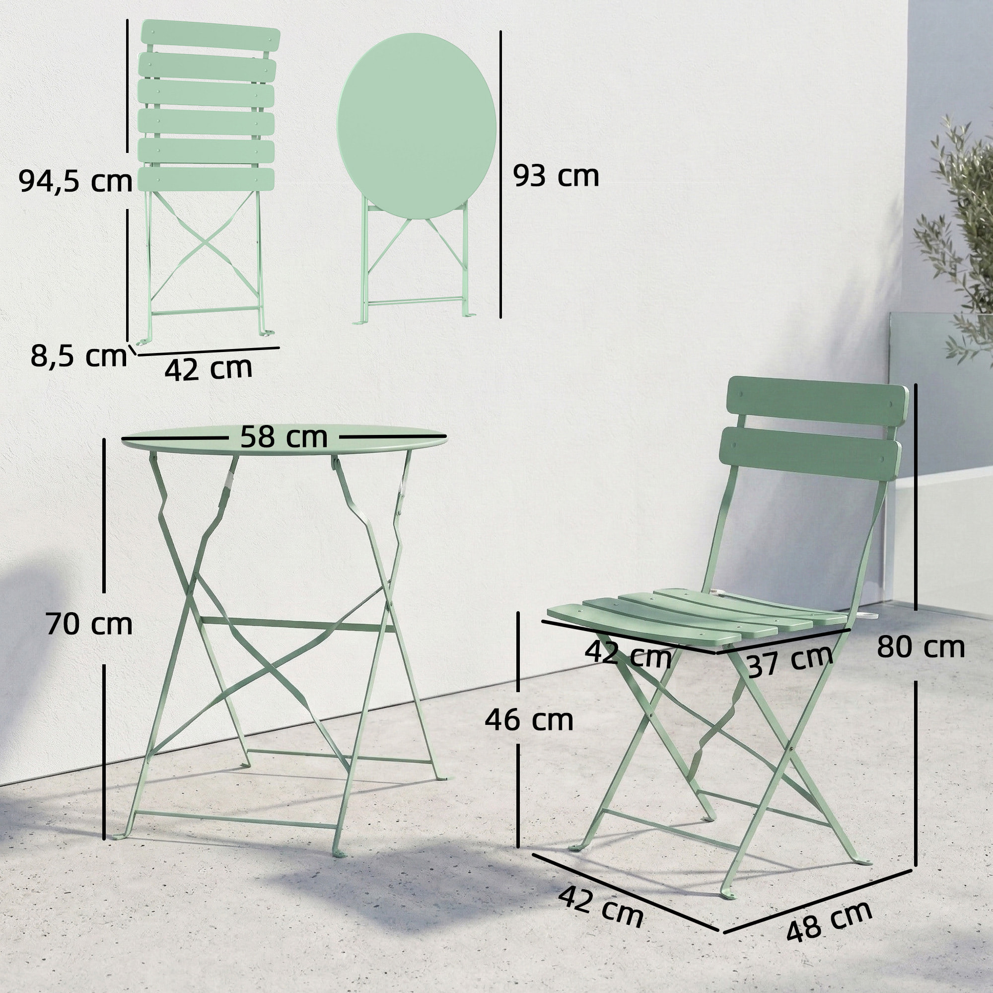Conjunto de Mesa y Sillas de Terraza Exterior Plegable 3 Piezas, Muebles de Jardín Exterior con 2 Sillas Plegables, Mesa Redonda, Estructura Metálica Electrofórica para Patio, Balcón, Verde