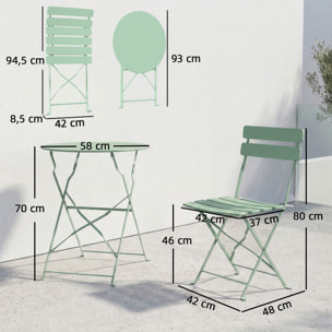 Conjunto de Mesa y Sillas de Terraza Exterior Plegable 3 Piezas, Muebles de Jardín Exterior con 2 Sillas Plegables, Mesa Redonda, Estructura Metálica Electrofórica para Patio, Balcón, Verde
