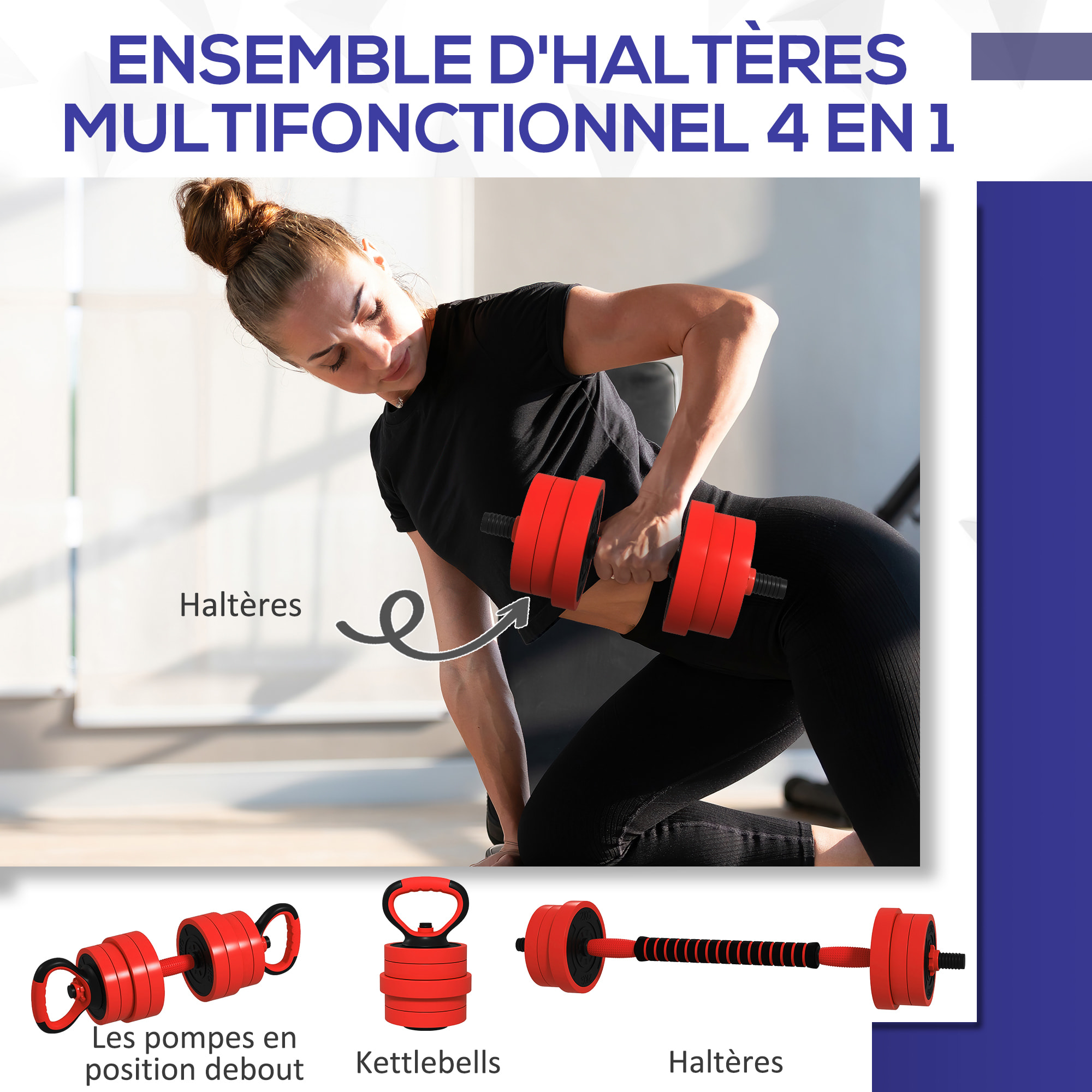 Kit haltères musculation réglables 4 en 1 - total 20 Kg - disques, barres, clips de sécurité inclus - noir rouge