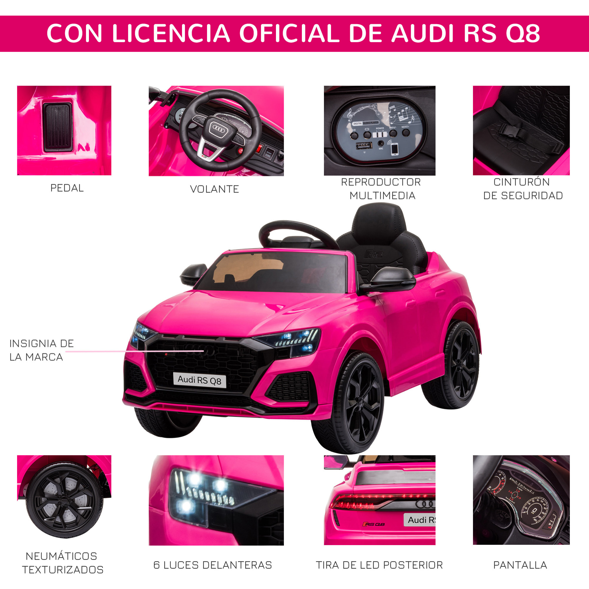 Coche Eléctrico para Niños +3 Años Audi RS Q8 con Batería 6V Mando y Luces Rosa