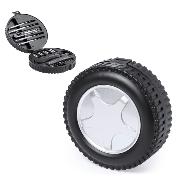 Set di attrezzi Wheels, con 20 accessori in un astuccio resistente con design a ruota.