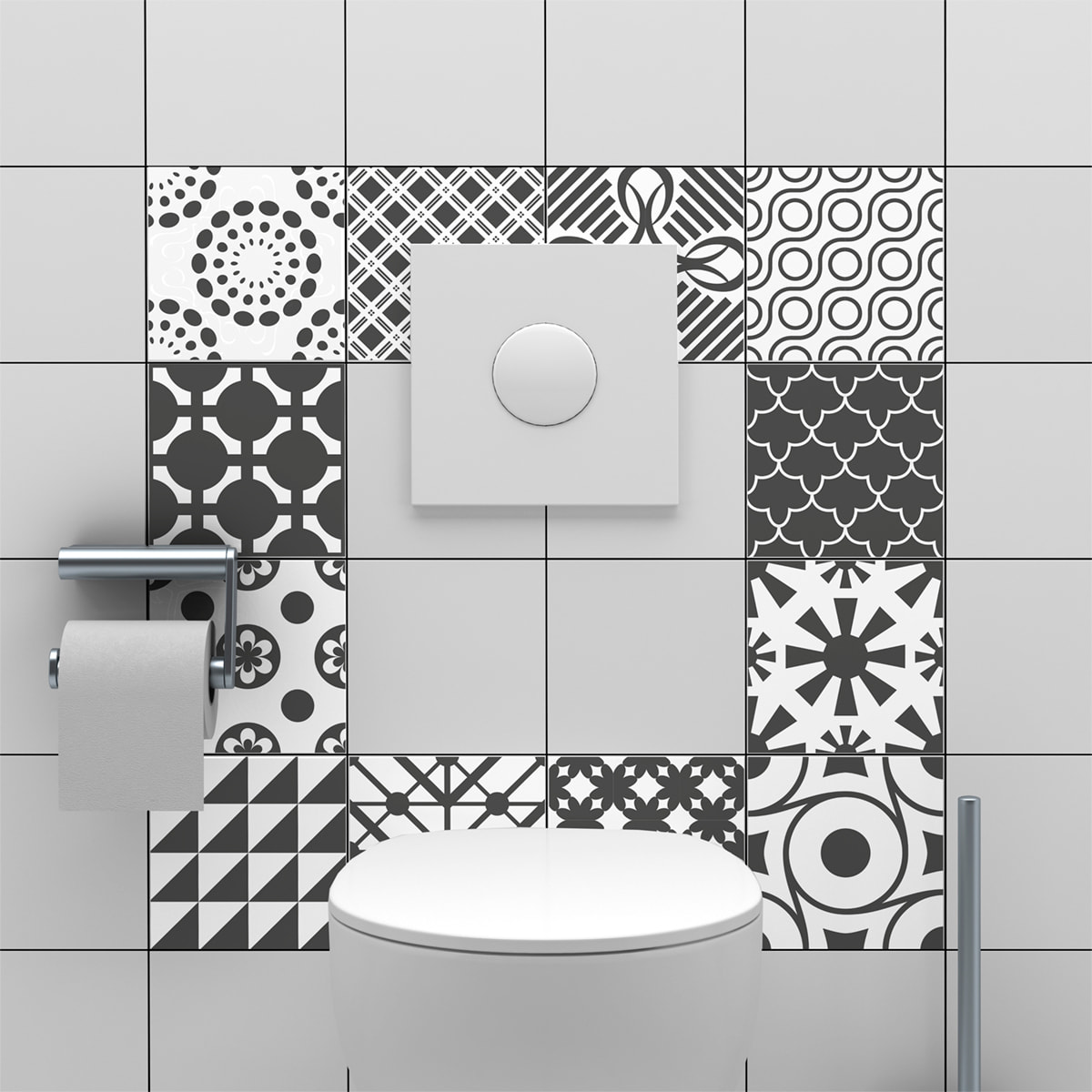 Stickers muraux - Sticker Mural Carrelage adhésif Cuisine Salle de Bain - 24 STICKERS CARREAUX DE CIMENT NUANCES DE GRIS LINDOS