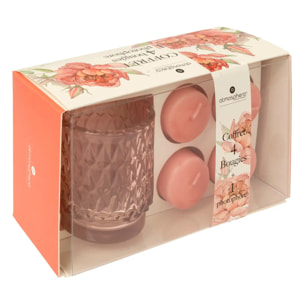 Coffret photophore et 4 bougies "Oudy" 7x8cm rose