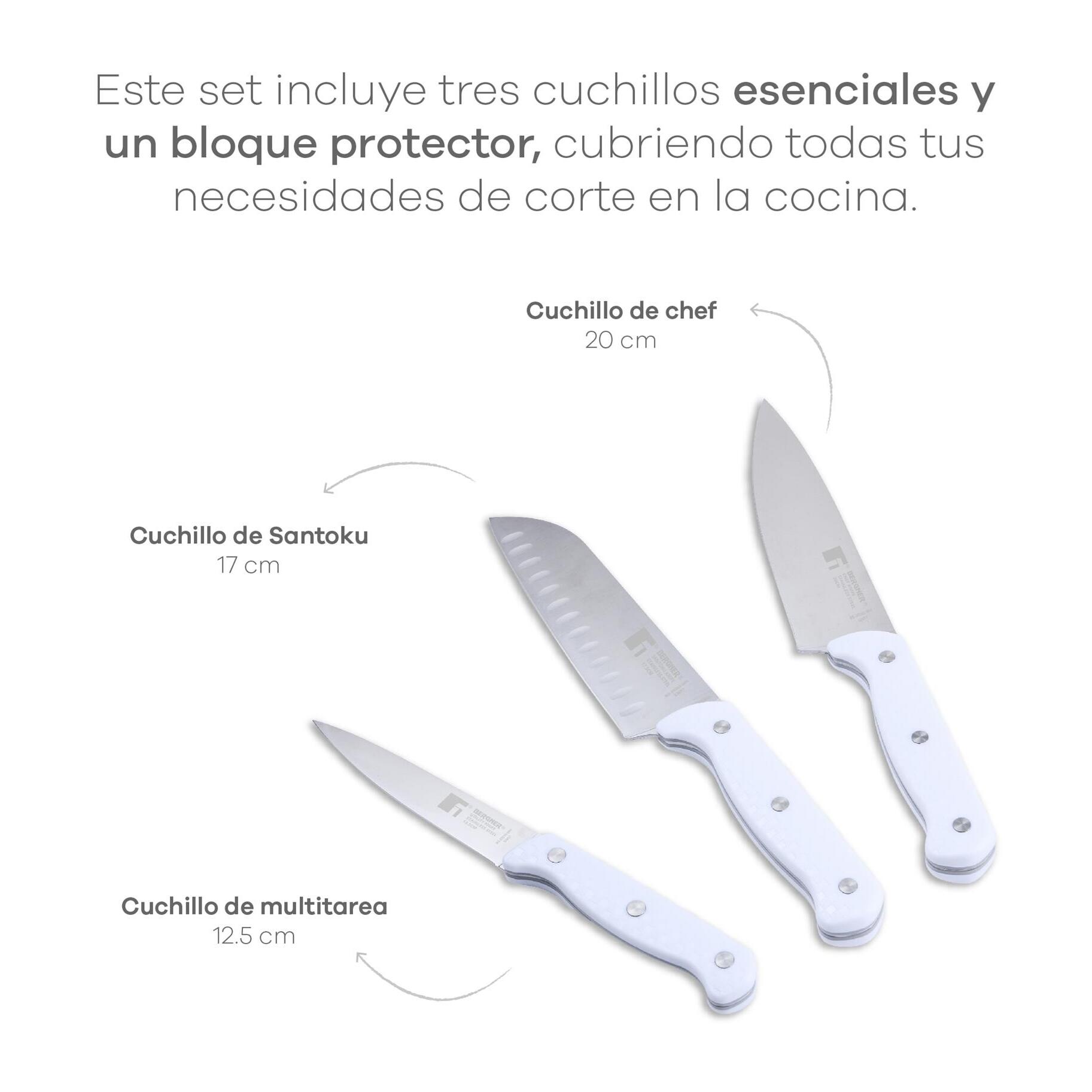 set de 3 cuchillos (chef + santoku + multiusos) con tacoma en acero inoxidable