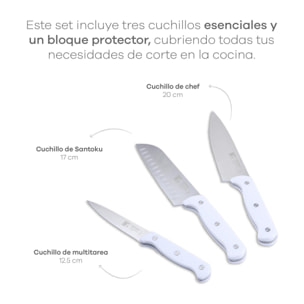 set de 3 cuchillos (chef + santoku + multiusos) con tacoma en acero inoxidable