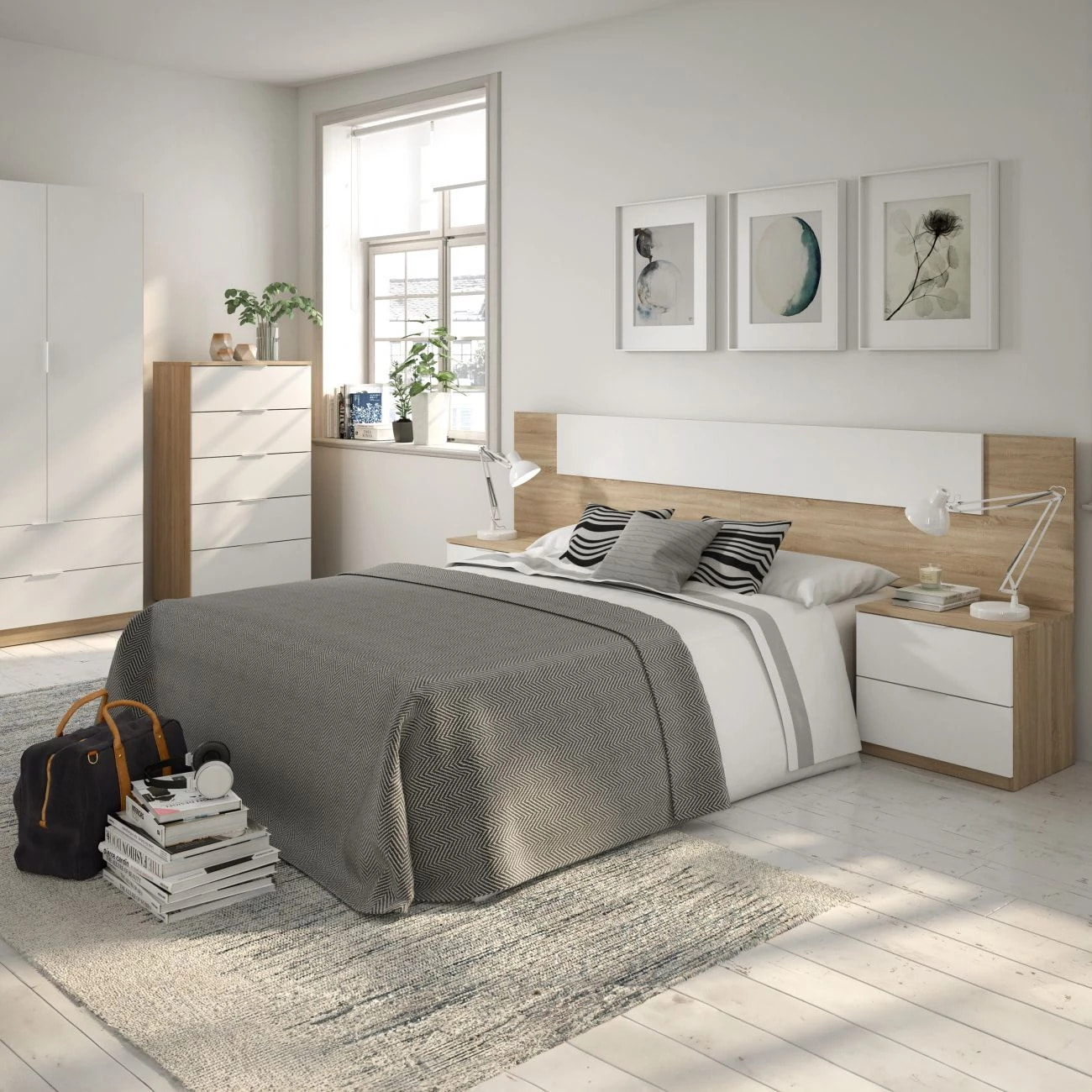 Cabecero para cama de 135-150 cm y 2 mesitas con cajones en blanco artik y roble canadian Luca Blanco Artik (Blanco Mate) - Roble Canadian