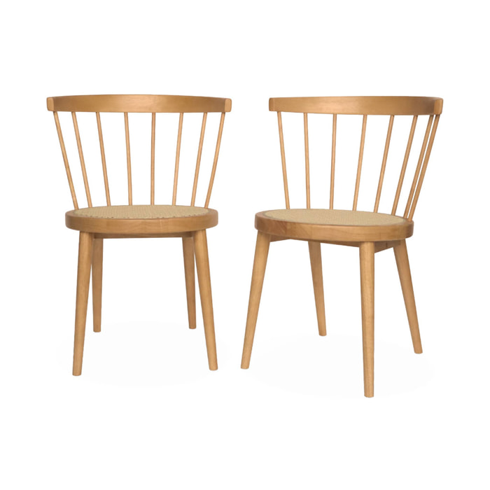 Lot de 2 chaises naturelles en bois et cannage. Nora. L 54 x P 54 x H 76.5cm.