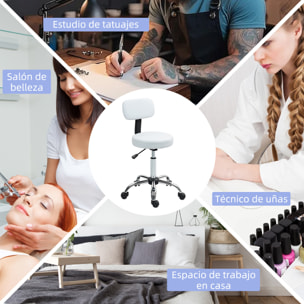 Taburete con Ruedas Giratorio, Taburete de Trabajo con Respaldo Desmontable, Altura Regulable, Tapizado en Cuero Sintético, para Oficina, Dormitorio, Blanco