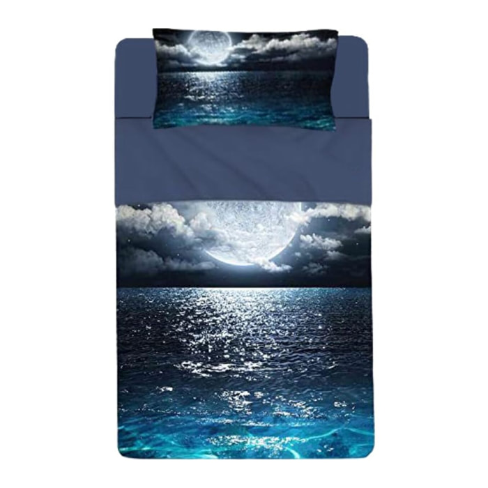INTRECCI Set Lenzuola Una Piazza e Mezza in Cotone, Stampa Alta Qualità, Lenzuolo Sotto + Lenzuolo Sopra + 1 Federa, Comfort, per Pelli Sensibili, non Stringe in Lavatrice. Fantasia: Sea Moon
