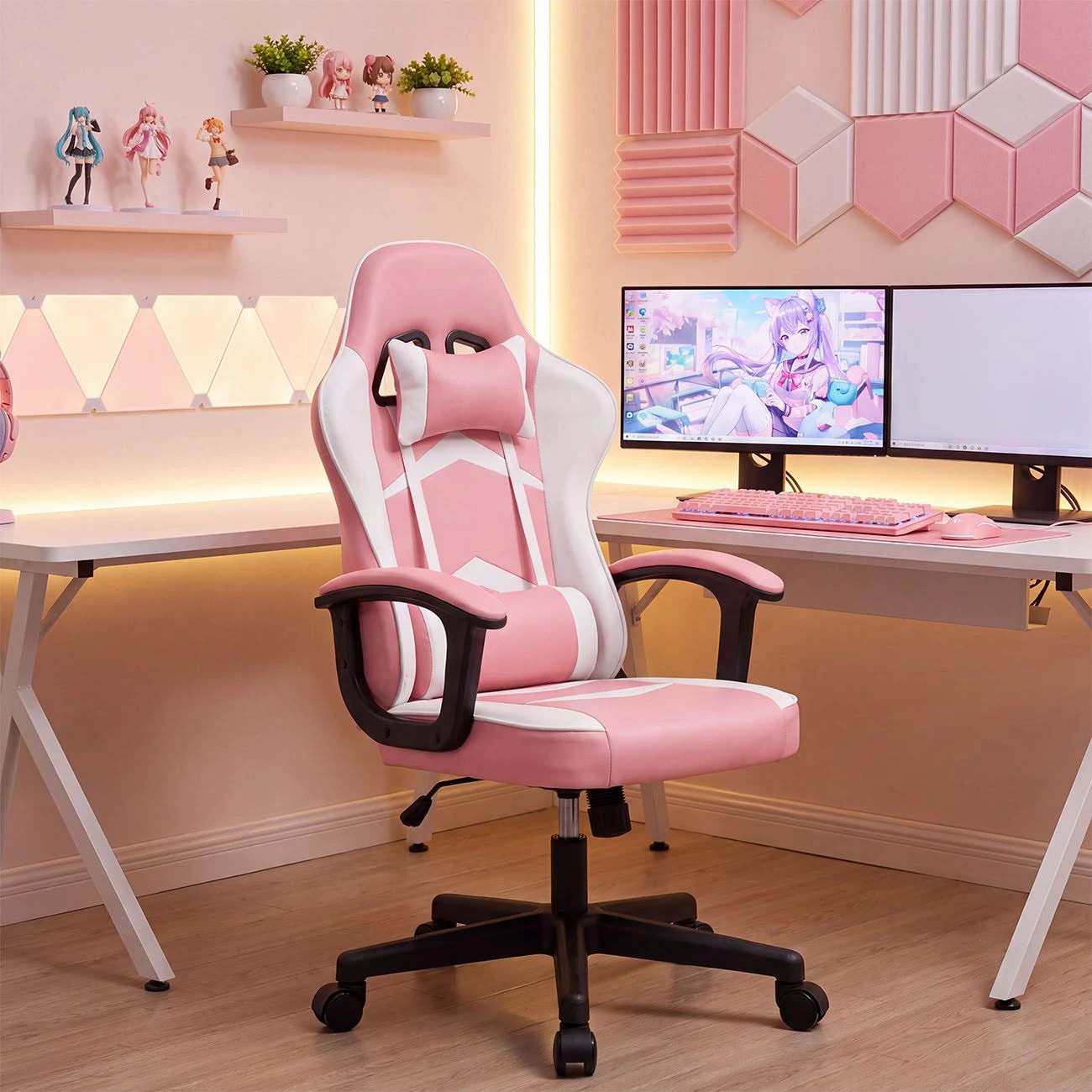 Silla gaming reclinable y con altura ajustable en rosa y blanco Raptor Rosa - Blanco
