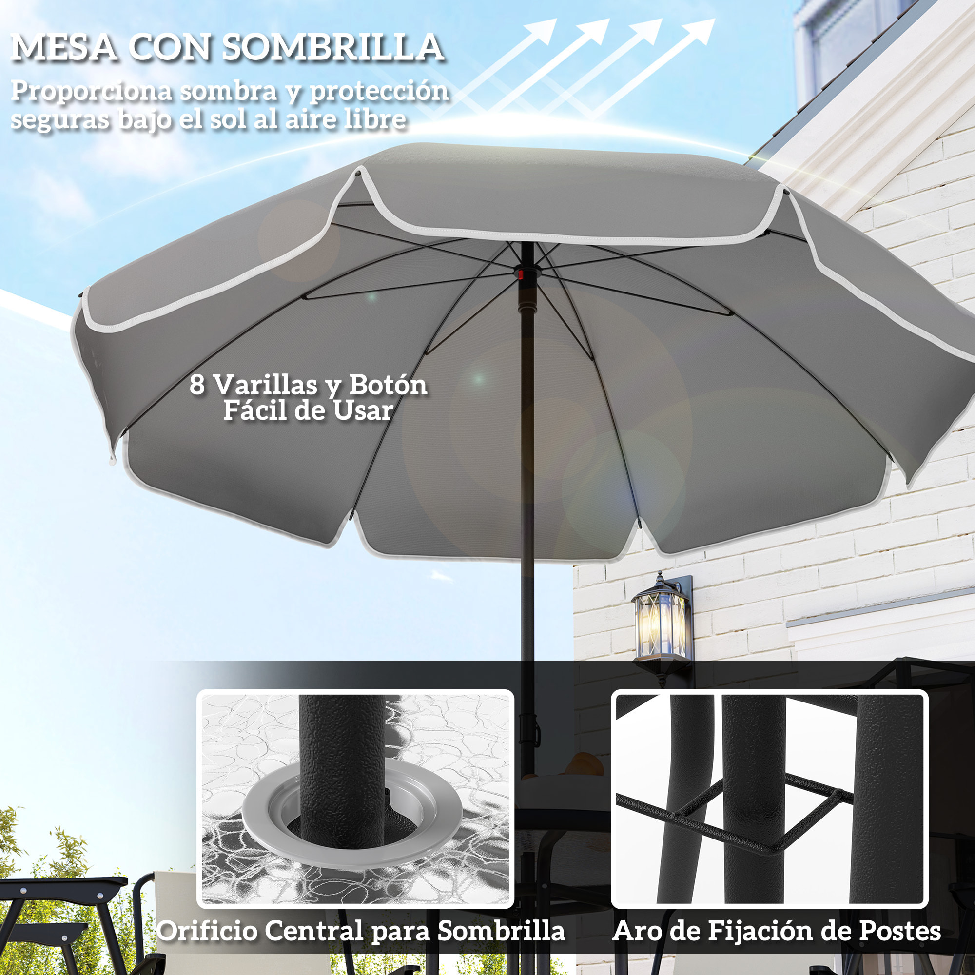 Conjunto de Mesa y Sillas Jardín de 6 Piezas Muebles de Jardín Exterior con 4 Sillas Plegables Mesa de Vidrio y Sombrilla para Terraza Patio Crema