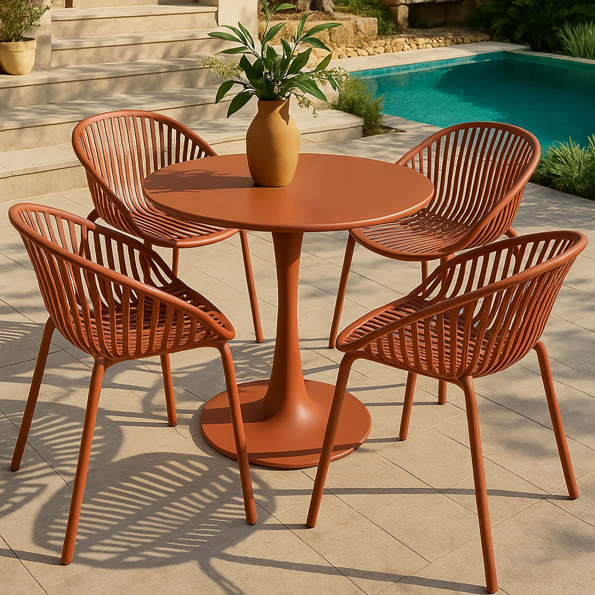 Ensemble de repas table et 4 fauteuils en polypropylène brique CALYPSO