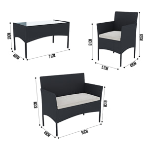 Set Di Mobili da Giardino Salotto Salottino in Rattan 4 Posti con Tavolino E Ripiano In Vetro 2 Poltrone e Divano 2 Posti Per Giardino Esterno Piscina Cuscini Sfoderabili Colore Nero